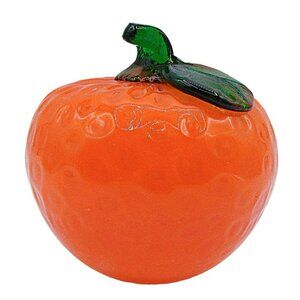 Vintage Murano Glass Orange Fruit Decor Stem Leaf Dimples Bright Orange 3x3"